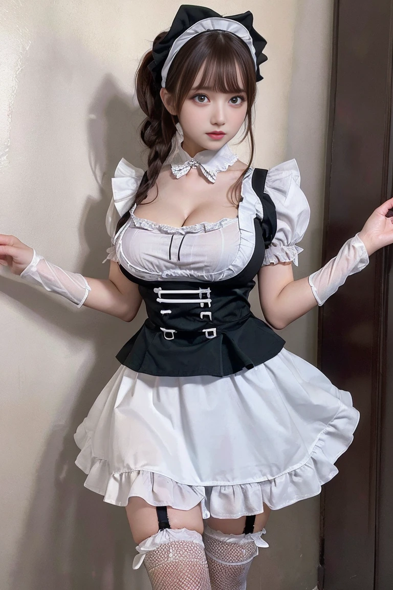 Highest quality, Super detailed, High resolution, 8K images) (reality, Realistic photos:1.37), ((Highest quality))Browsing Caution、((Furifri's Maid Cosplay:1.2))、Pastel colored maid outfit、Gothic ta、mini skirt、With ruffles、White fishnet stockings、Cotton fabric panties、、Don't cover your lower body、The panties look nice、Cute face、brown medium layer cut hair,((Her skirt is flipped up and her underwear is visible))((Show me your)), ((Stick your butt out)),(Squat with legs apart), Fine and beautiful eyes,Perfect Proportions,(Overflowing big),(A full-body shot from behind), Very beautiful and cute girl,22 years old,(anime),Kamimei, Pitch black background,(Solid black background)
