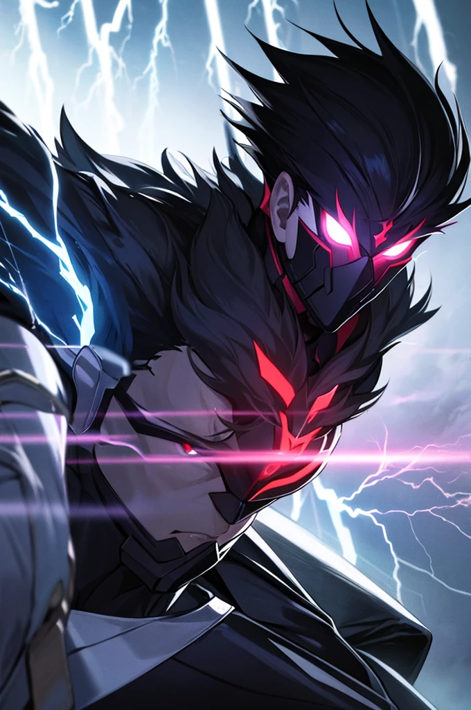Anime Reality, detailed anime, anime styling, super verbose, high details, masterpiece, high quality, high resolution, 1man, anime male, intense face, black hair, black haired anime man, glowing eyes, blue glowing eyes, covered mask, covering mouth, red mask, action pose, lightning background, lightning aura, holding sword, close shot, portrait,