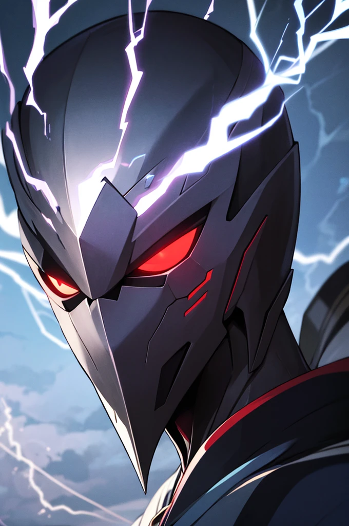 Anime Reality, detailed anime, anime styling, super verbose, high details, masterpiece, high quality, high resolution, 1man, anime male, intense face, black hair, black haired anime man, glowing eyes, blue glowing eyes, covered mask, covering mouth, red mask, action pose, lightning background, lightning aura, holding sword, close shot, portrait,