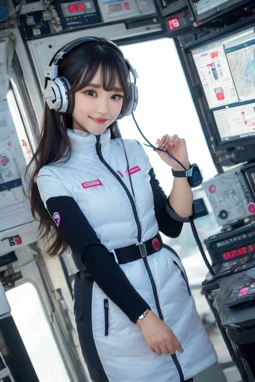 masterpiece, Highest quality, Very detailed, 8K Portrait,Japanese Android Girl,plump , Control panel,Robotic arms and legs, Blunt bangs,,break (Metallic Gray, Metallic luster, Mirror finish, Astro Best):5,headphone:5,break (Black sleeves):100,Smart Watches,Futuristic space station,Control Room,break headphone,blue eyes,(Black Hair):2,(Long Hair):1.3,Displaying the viewer,(respirator),break blush:3,Hidden Hand,smile