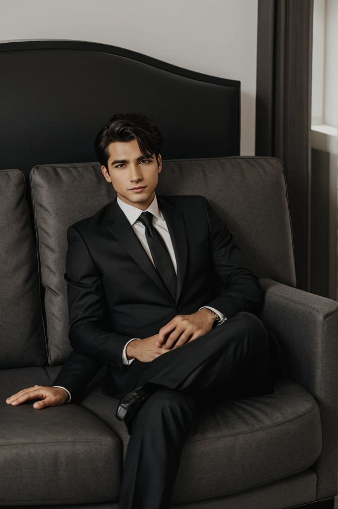 A wolf in a black suit sitting on a sofa 