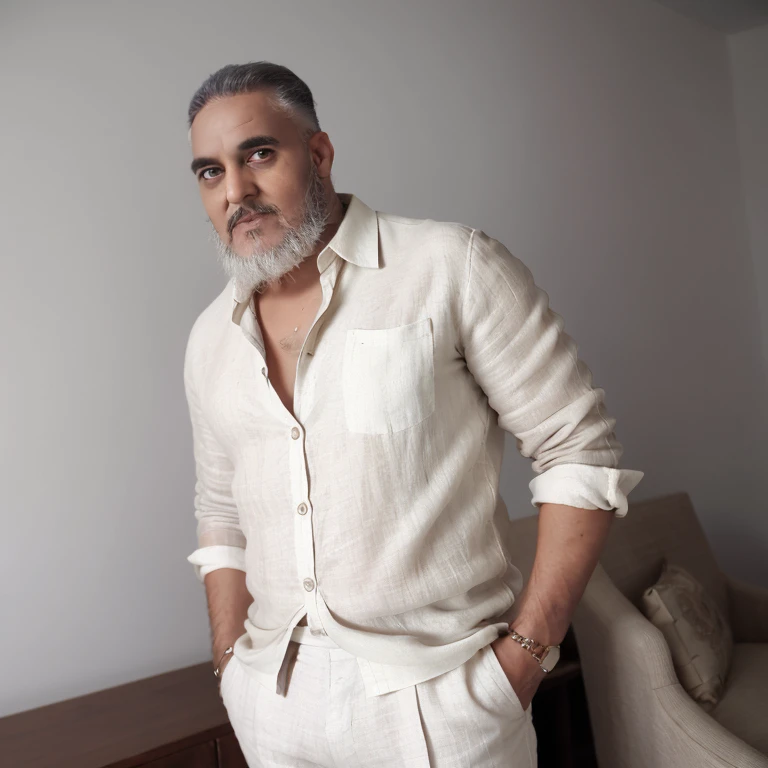 Man with a beard dressed in a bohemian style, modeling a beige linen shirt, white linen pants, and brown sandals, looking straight at the camera.

