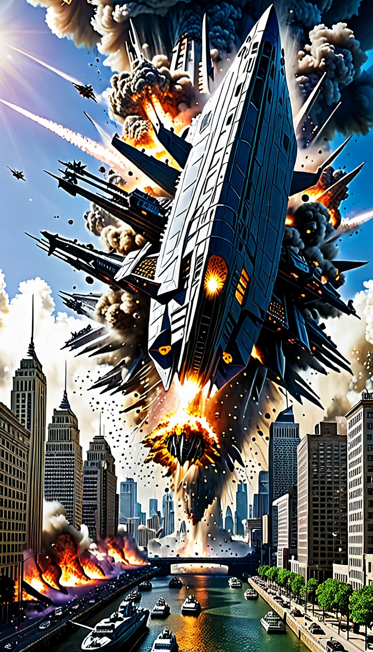 "A city being destroyed while massive alien warships attack Earth."