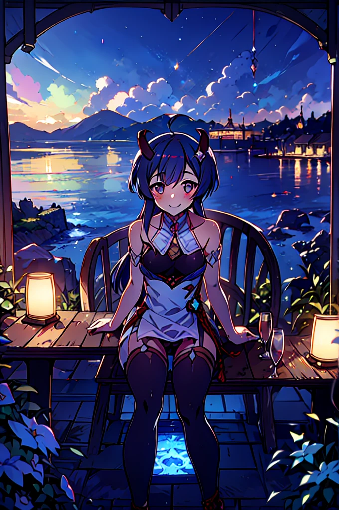 Very detailed,Pieces fly, Highest quality, Anime Images, Anime style etc.., Hired \(Genshin Impact\), Sit at the table, View from above, smile, 1 Girl, Twin Horn, ticker,Fits your body type, I can see the pussy , blush, Colorful pastel fantasy,Sexy pose,Very detailed background,Nice views,Beautiful and beautiful scenery,((Very detailed landscape)),Incredibly high quality,Night Sky