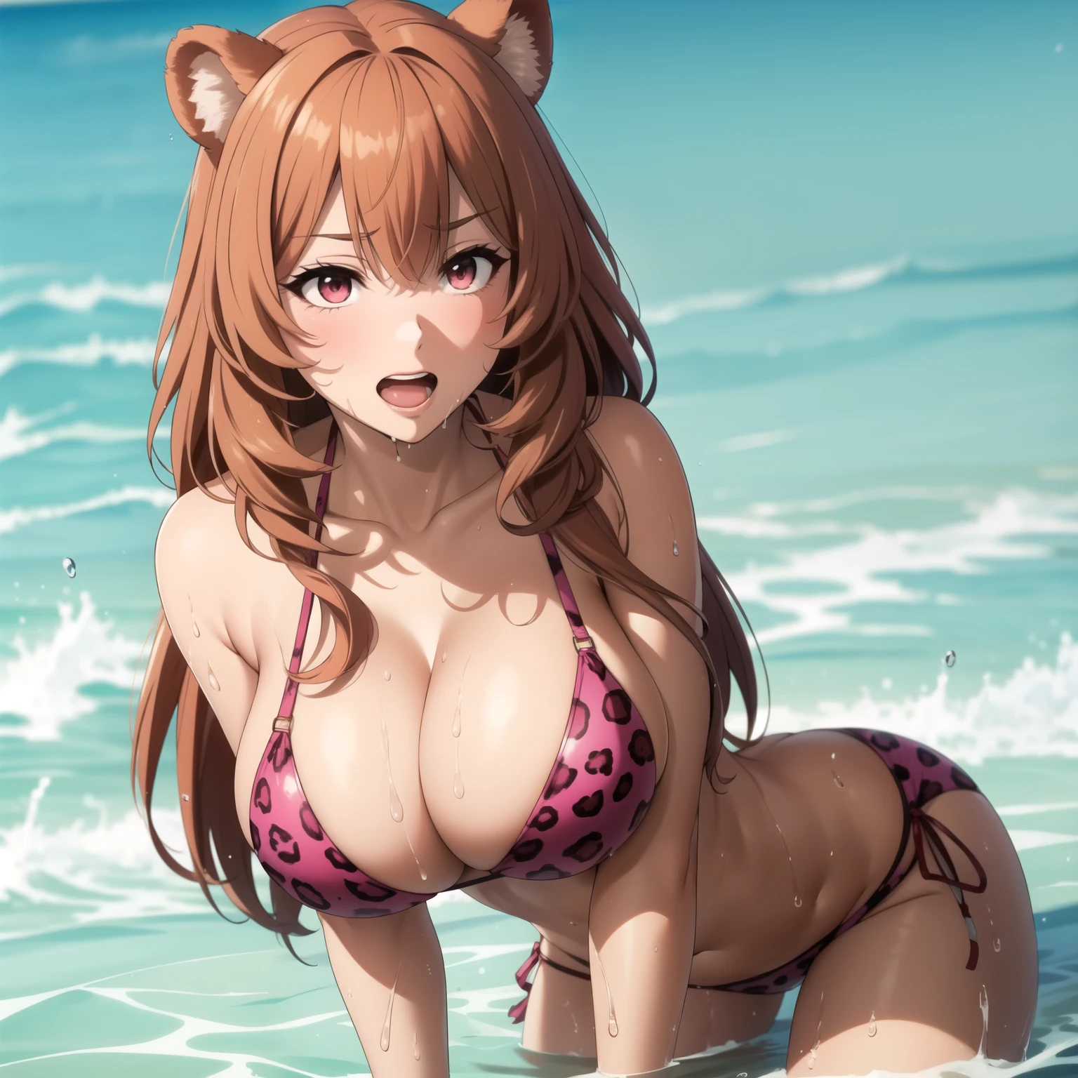 Raphtalia woman 35 years old straight orange hair , bear ears redondeadas, red eyes like ruby., flirtatious smile, pale skin, big breasts, pink jaguar design bikini, , bear ears, expression of surprise and embarrassment, Red face, embarrassed, ashamed, Open mouth,  background a beach. huge breasts, drops of water on his chest. WET BODY, wet hair, splashing water.