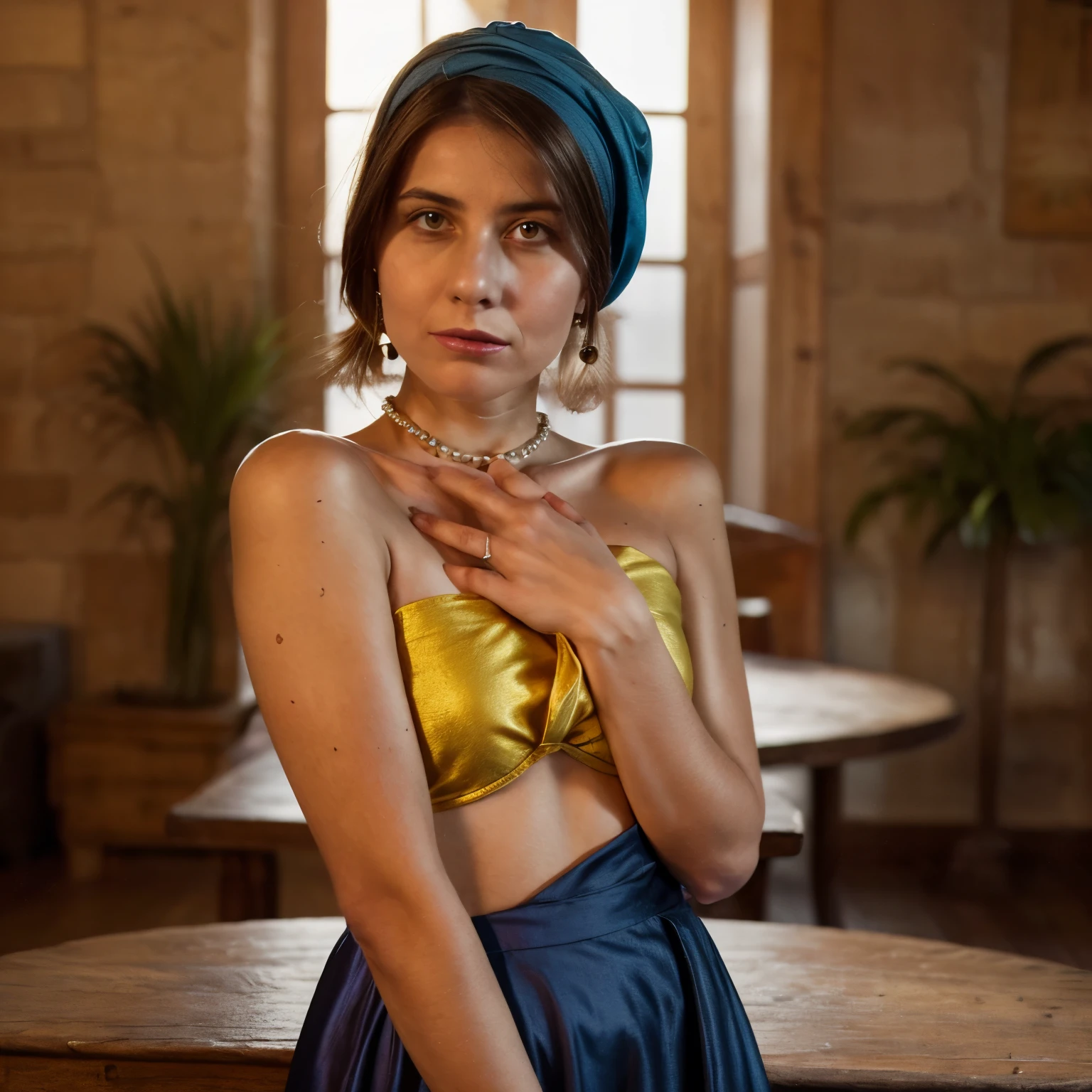 1woman LaGermania posing in identical clothes as the Girl with a Pearl Earring in front of the Girl with a Pearl Earring. LaGermania stands in a simple 17th-century Dutch painter’s atelier, with wooden beams on the ceiling and a tiled floor. The atelier is illuminated by soft, diffused light streaming through a small, leaded glass window. She wears a dark blue turban intricately wrapped around her head, with a golden yellow scarf cascading over her shoulder, made of rich silk with fine, shimmering threads. Her outfit includes a modest, dark brown dress with a delicate white collar and cuffs, crafted from soft, high-quality fabric. The pearl earring, a single large, lustrous gem, dangles from her ear, reflecting the soft light. The background includes the Girl with a Pearl Earring painting, framed in a simple, dark wood frame. The room is sparsely furnished with a sturdy wooden easel, a rough-hewn wooden table strewn with paint supplies, and a few mismatched chairs. LaGermania’s pose is turned slightly over her shoulder, with her gaze directed towards the painter, capturing the enigmatic allure and subtle grace of the original portrait.