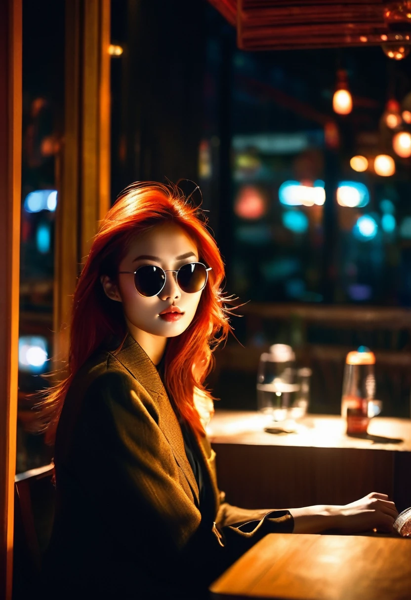 Beautiful Asian redhead sitting in a restaurant at night, visible from the window, perfect face, sunglasses, neon black, (backlit: 1.1), hard shadows, artwork, highest quality, complex, model shooting style, vintage, film grain, incomplete details.
