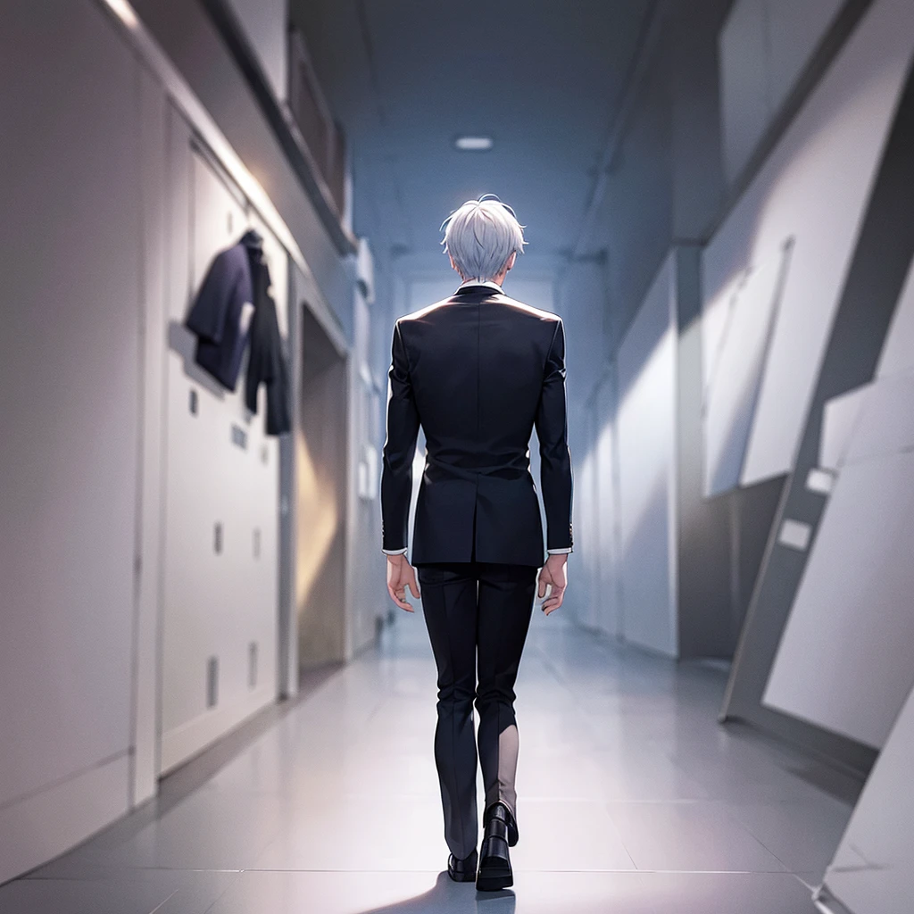 A man, his back turned, alone, white hair, blue eyes, short hair, wearing a black suit.