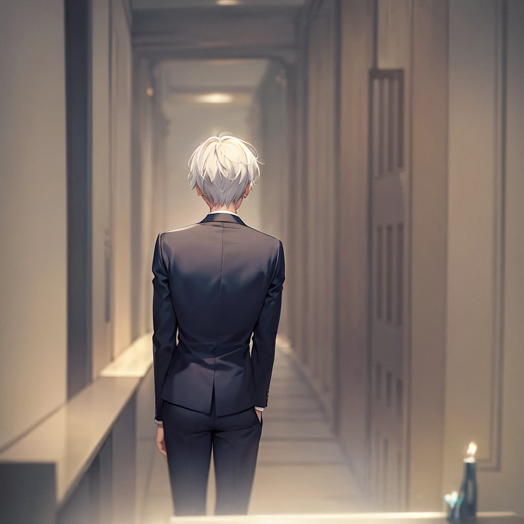 A man, his back turned, alone, white hair, blue eyes, short hair, wearing a black suit. 