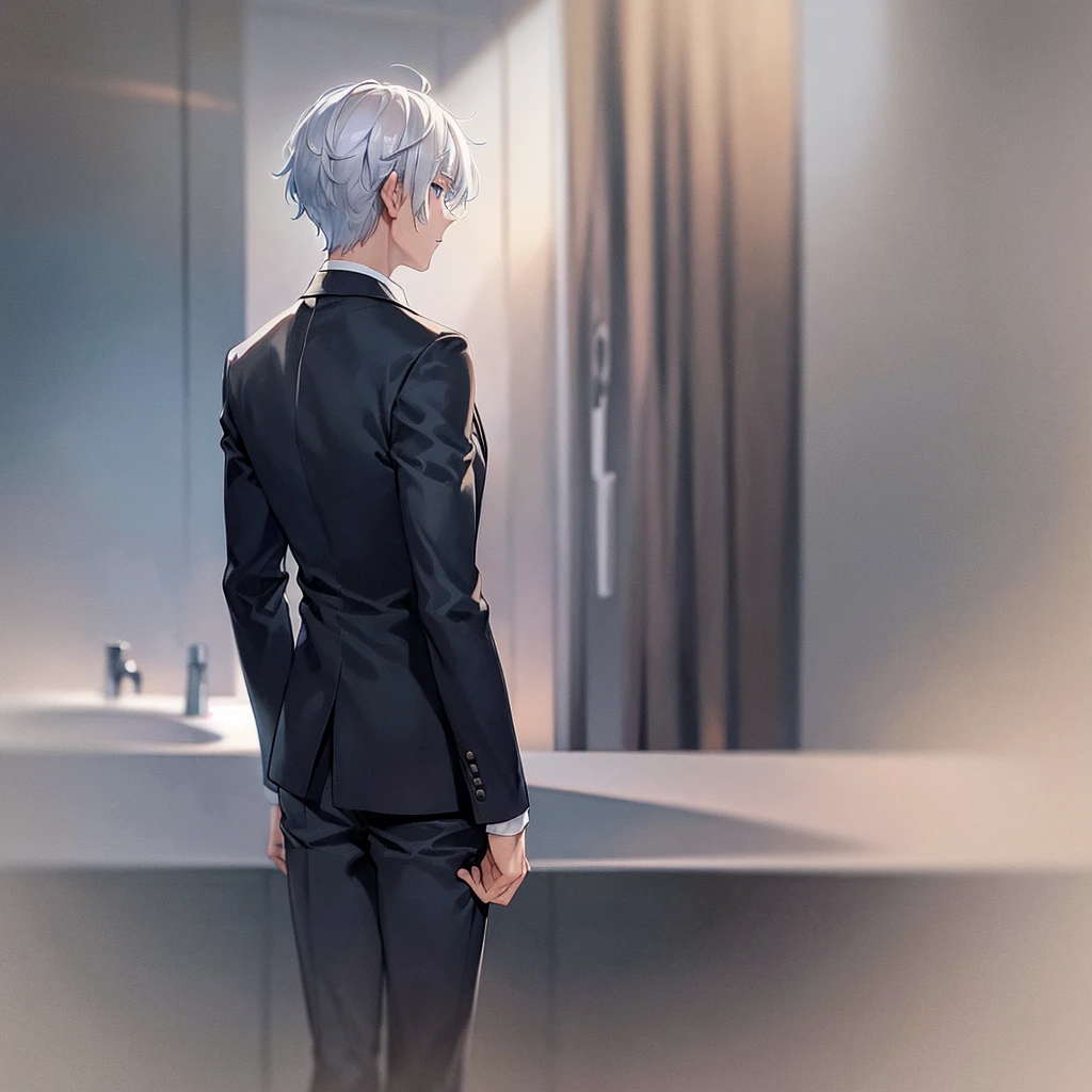 A man, his back turned, alone, white hair, blue eyes, short hair, wearing a black suit.