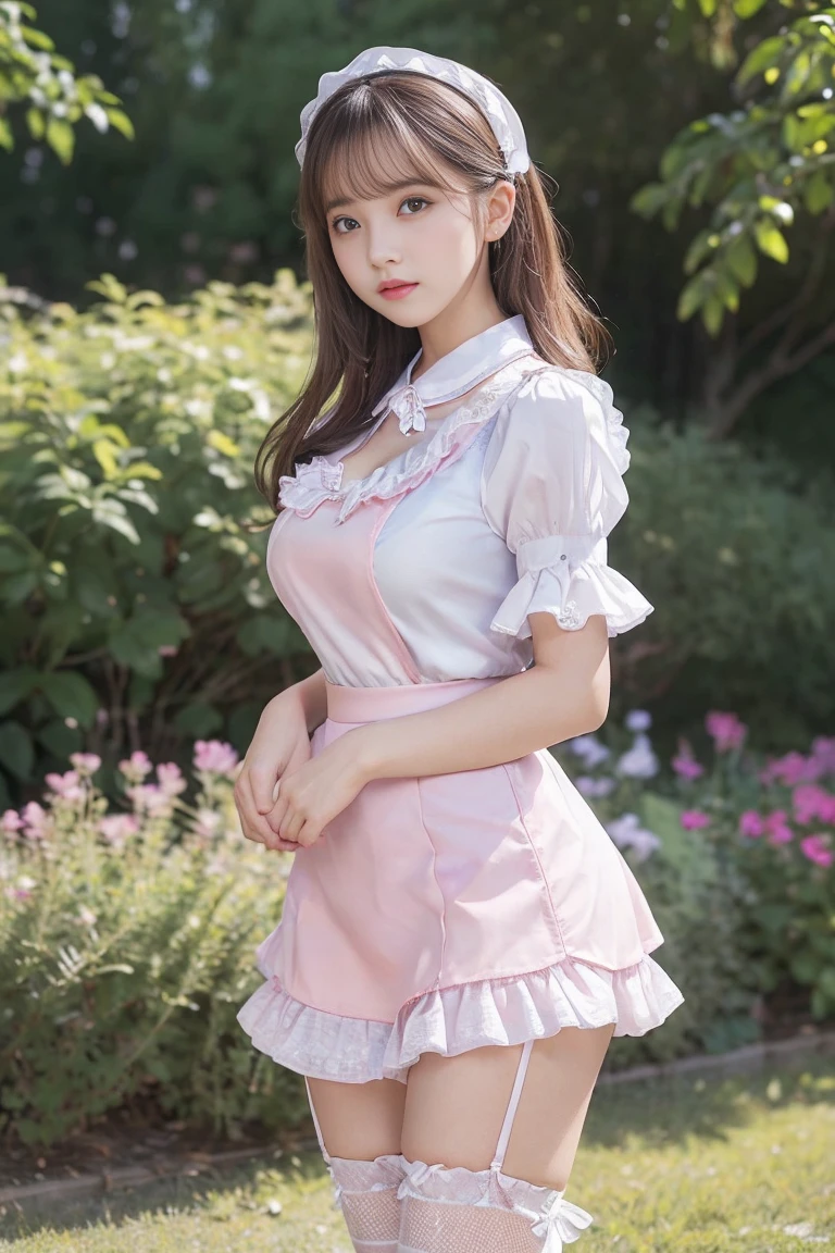Highest quality, Super detailed, High resolution, 8K images) (reality, Realistic photos:1.37), ((Highest quality))Browsing Caution、Pastel colored maid outfit、、mini skirt、With ruffles、White fishnet stockings、Cotton fabric panties、、Don't cover your lower body、The panties look nice、Cute face、brown medium layer cut hair,((Her skirt is flipped up and her underwear is visible))((Show me your)), ((Stick your butt out)),(Squat with legs apart), Fine and beautiful eyes,Perfect Proportions,(Overflowing big),(A full-body shot from behind), Very beautiful and cute girl,22 years old,(anime),Kamimei, Pitch black background,(Solid black background)