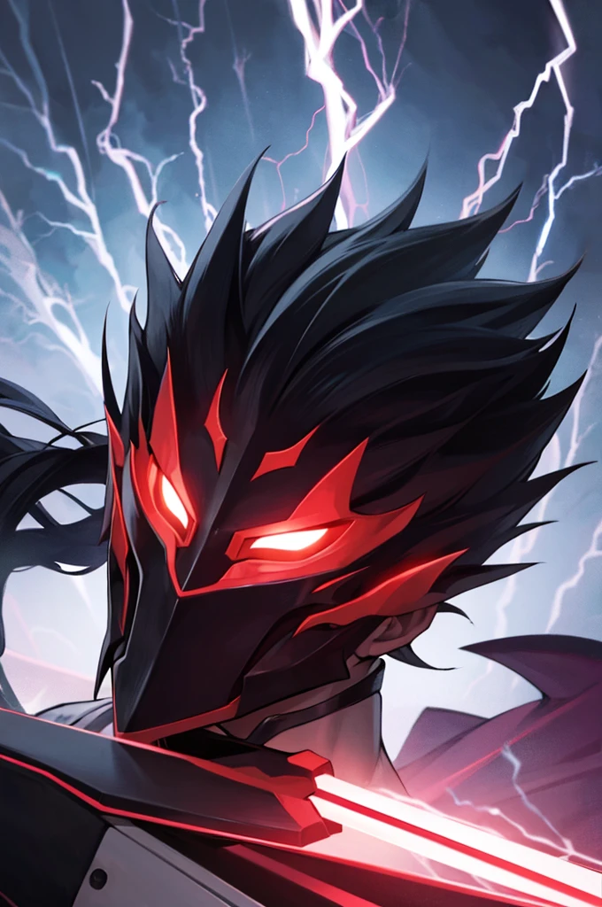 Anime Reality, detailed anime, anime styling, super verbose, high details, masterpiece, high quality, high resolution, 1man, anime male, intense face, black hair, black haired anime man, spiky hair, anime hair, glowing eyes, blue glowing eyes, covered mask, covering mouth, red mask, action pose, lightning background, lightning aura, holding sword, close shot, portrait,