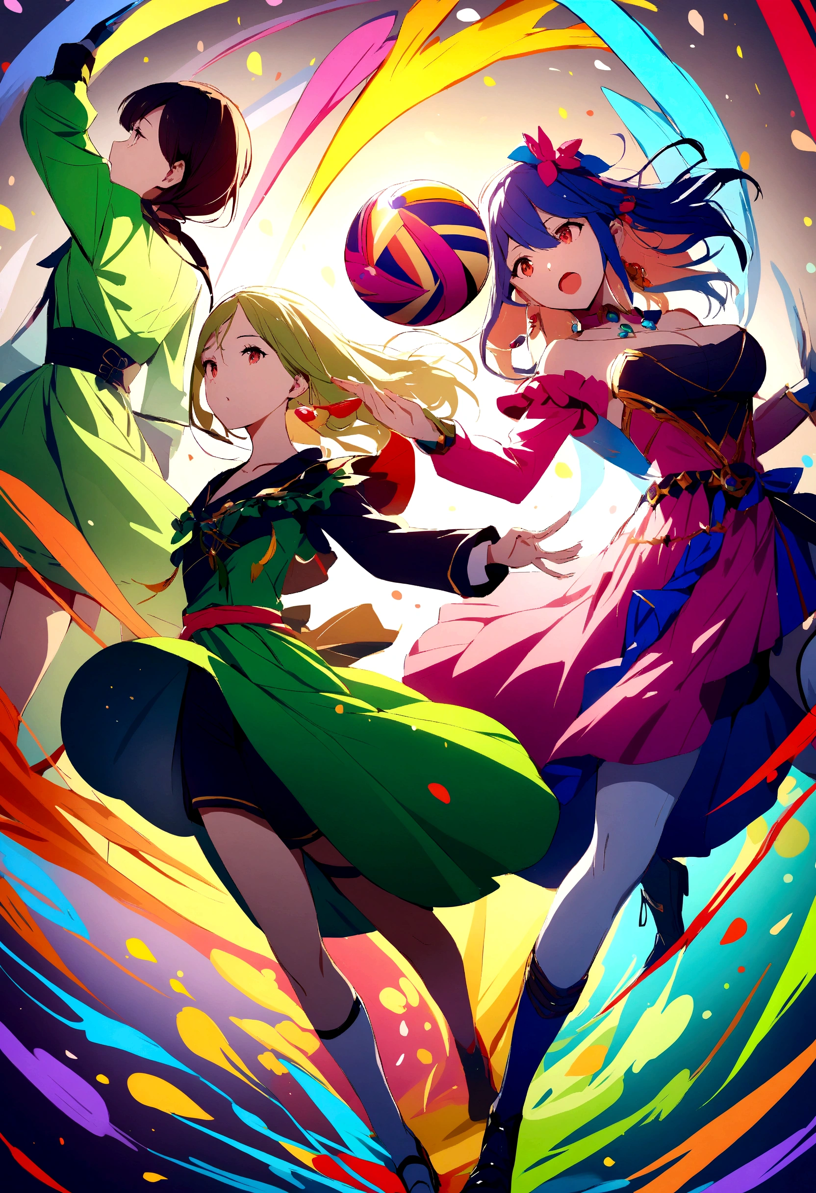 Three girls playing, that they are answering the ball