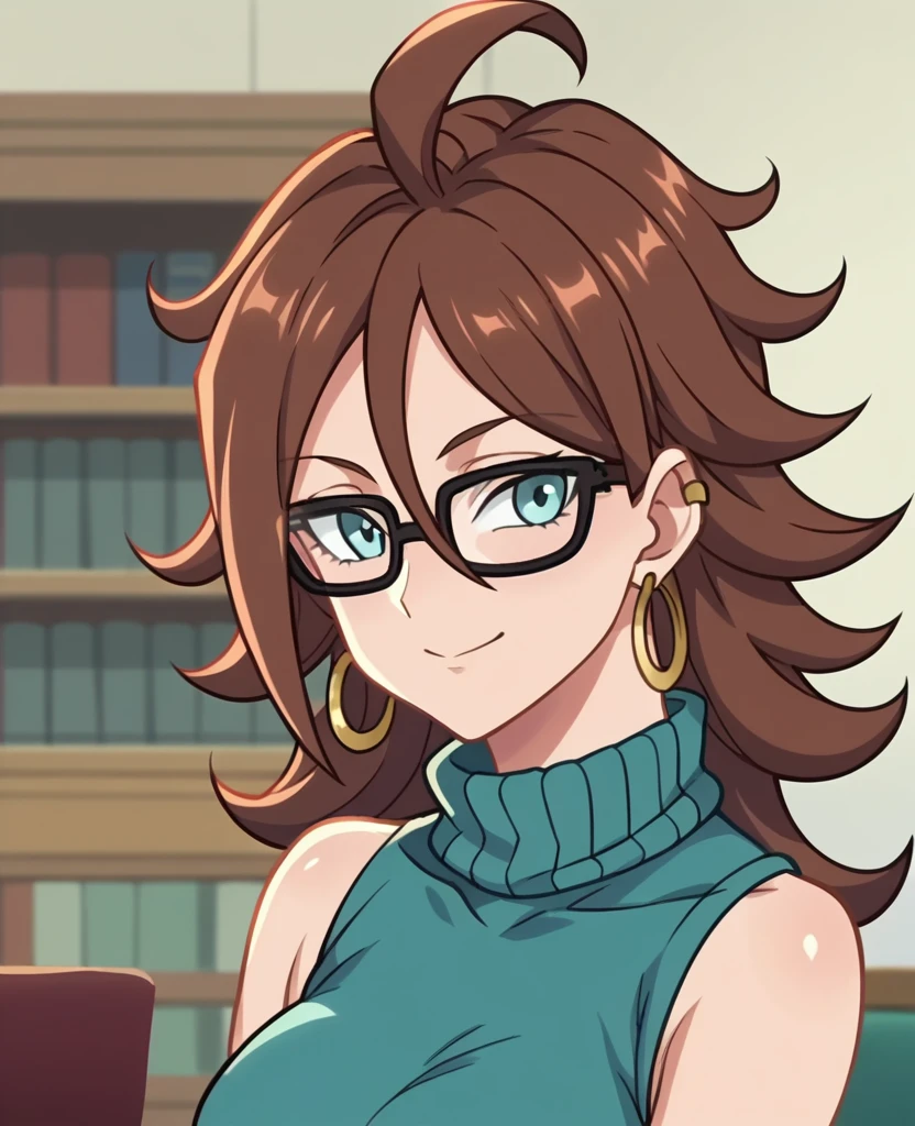  Aiue oka,  anime_screencap, anime_coloring, anime style score_9, score_8_up, score_7_up, score_6, female focus, android 21, brown hair, glasses, sweater