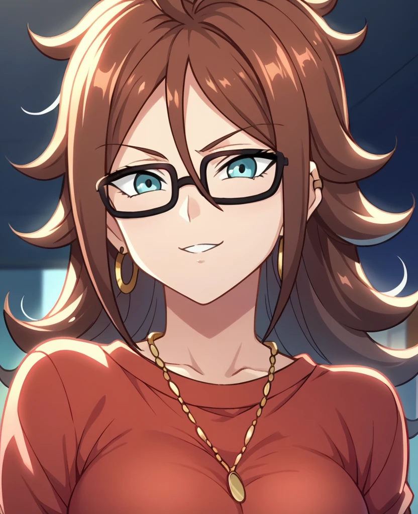  Aiue oka,  anime_screencap, anime_coloring, anime style score_9, score_8_up, score_7_up, score_6, female focus, android 21, brown hair, glasses, sweater