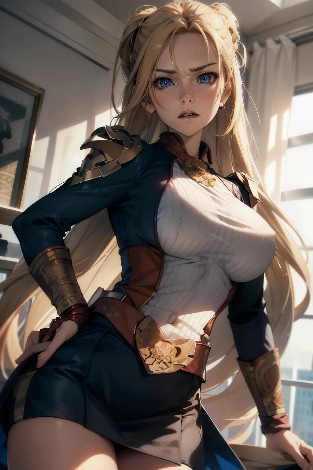 Ultra detailed, 1girl  Homelander,  very long blonde hair, angry face,  medium breasts,  hero uniform,  skirt .