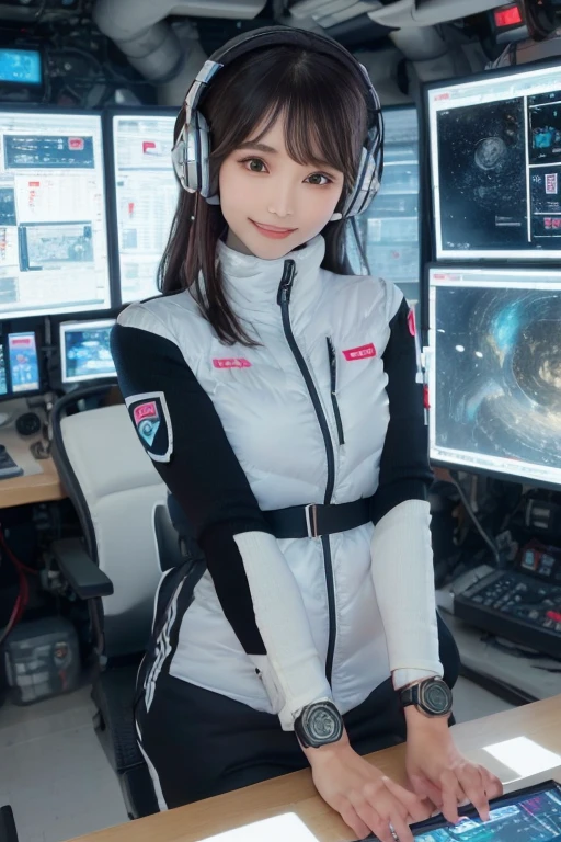 masterpiece, Highest quality, Very detailed, 8K Portrait,Japanese Android Girl,plump , Control panel,Robotic arms and legs, Blunt bangs,,break (Metallic Gray, Metallic luster, Mirror finish, Astro Best):5,headphone:5,break (Black sleeves):100,Smart Watches,Futuristic space station,Control Room,break headphone,blue eyes,(Black Hair):2,(Long Hair):1.3,Displaying the viewer,(respirator),break blush:3,Hidden Hand,smile