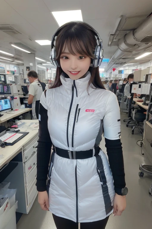 masterpiece, Highest quality, Very detailed, 8K Portrait,Japanese Android Girl,plump , Control panel,Robotic arms and legs, Blunt bangs,,break (Metallic Gray, Metallic luster, Mirror finish, Astro Best):5,headphone:5,break (Black sleeves):100,Smart Watches,Futuristic space station,Control Room,break headphone,blue eyes,(Black Hair):2,(Long Hair):1.3,Displaying the viewer,(respirator),break blush:3,Hidden Hand,smile
