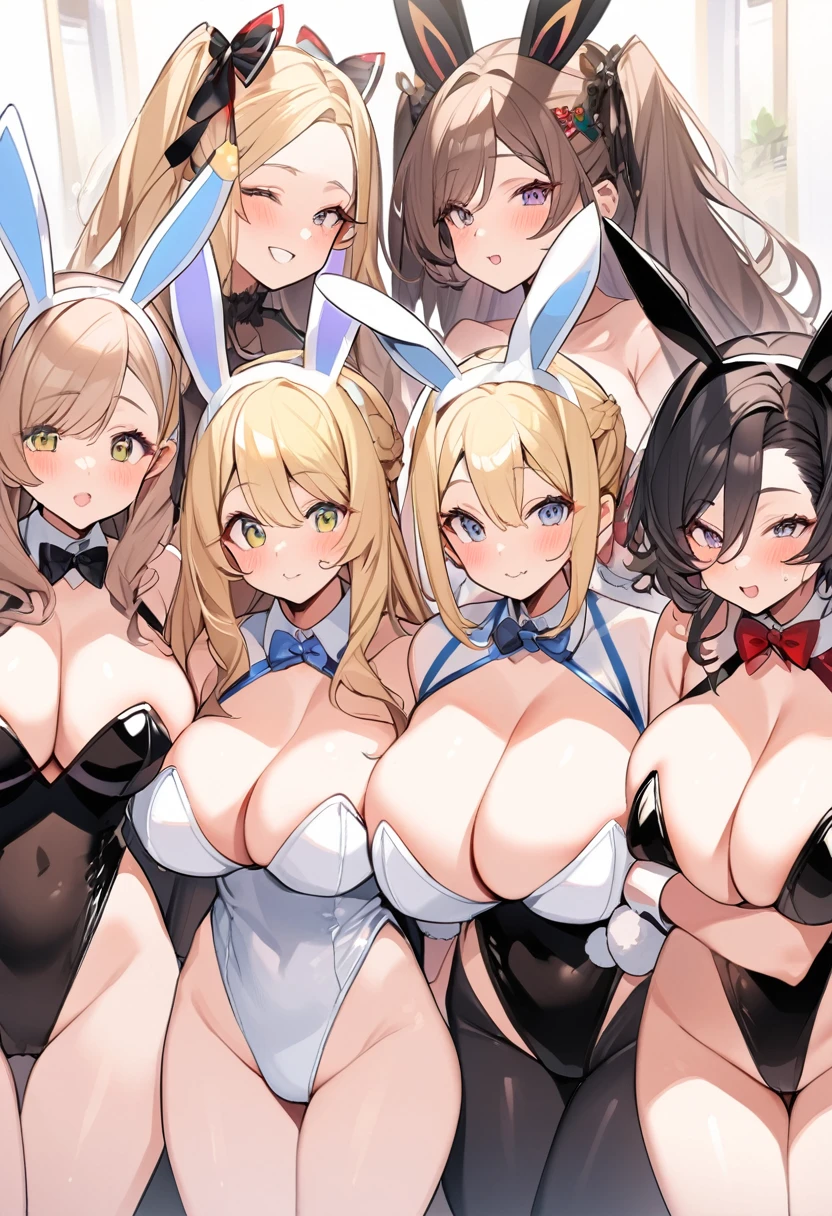 Bust Chart、Inner thighs、(Three Girls、3girls),blonde、Black Hair、Brown Hair、Bunny girl、White rabbit ears、Wrist cuff、Black leotard、Huge breasts:1.5、Saggy breasts:1.5、Long chest:1.3、Saggy breasts:1.5、Everyone please line up facing forward、(Mature Woman、Mature Woman:1.3)、casino、casinoルーム、casinoテーブル、White bunny suit、Black bunny suit、Light blue bunny suit