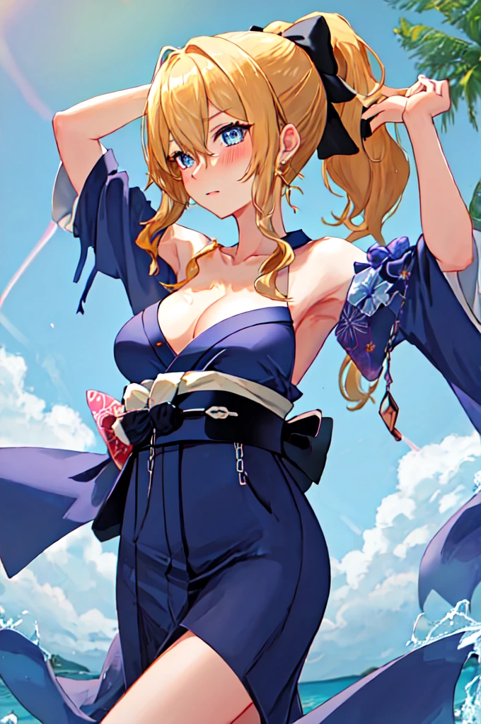 best quality, masterpiece, highres, solo, {yukata:1.40}, {kimono:1.20}, {jean_genshin:1.15}, blonde_hair, blue_eyes, bangs, ponytail, long_hair, sidelocks, breasts, hair_between_eyes, bow, hair_bow, blush, large_breasts,  tied and naked