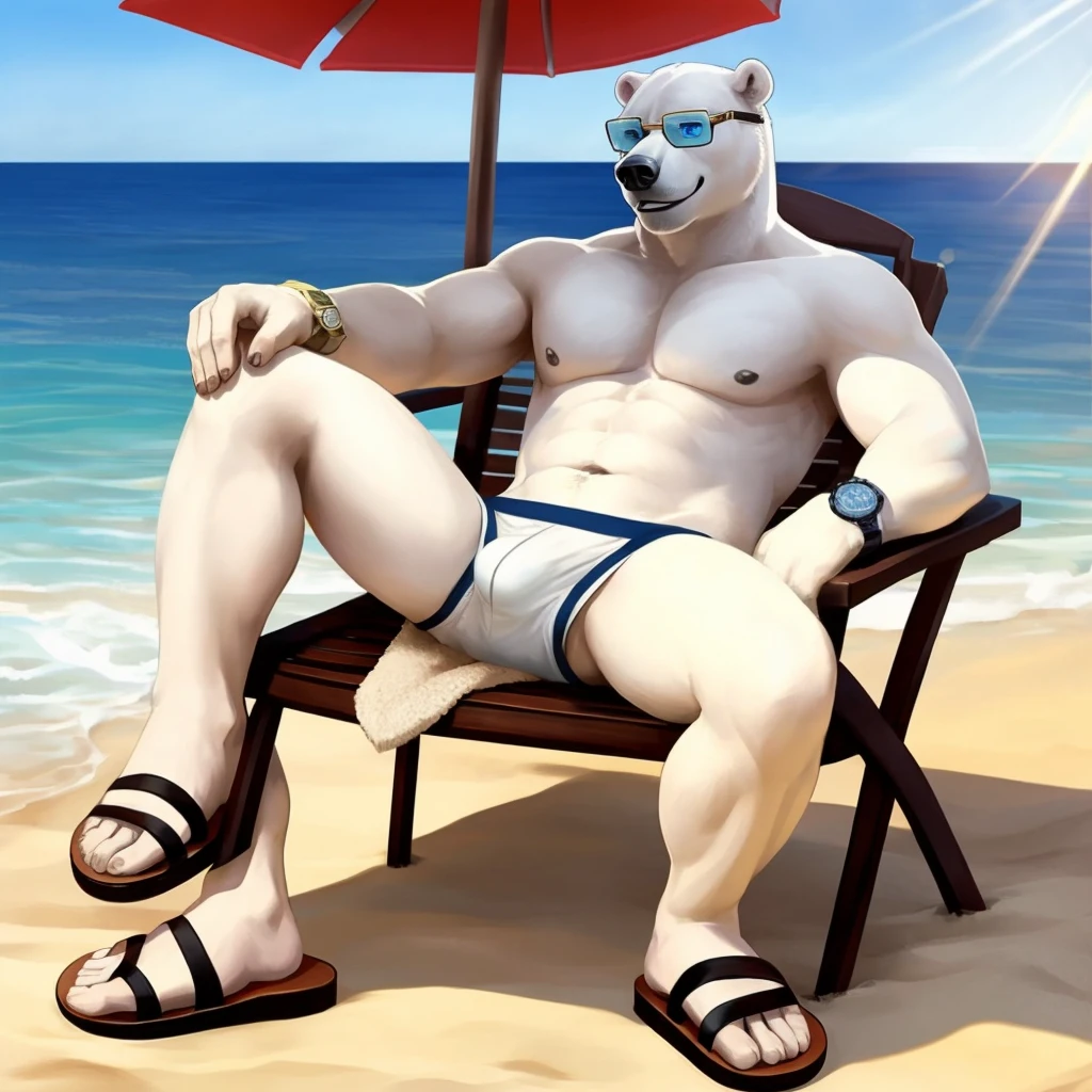 dad male polar bear blue eyes, laying on chair , no clothes , white briefs , watch on right hand , taking off solar glasses from face , smiling , under sun , spread legs , beach background, sunlight, sandals