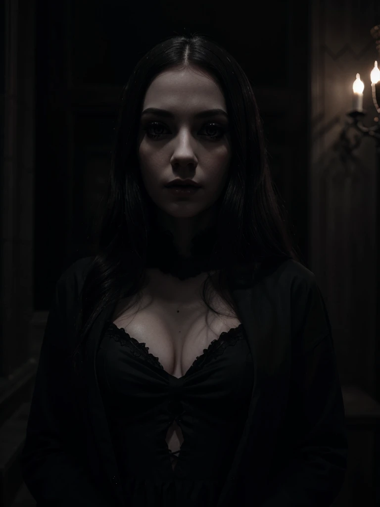 a beautiful gothic woman, sensual dress, dark horror movie background, detailed facial features, long eyelashes, pale skin, dramatic lighting, moody atmosphere, cinematic composition, dark colors, high contrast, digital art, photorealistic, 8k, best quality, hyper detailed