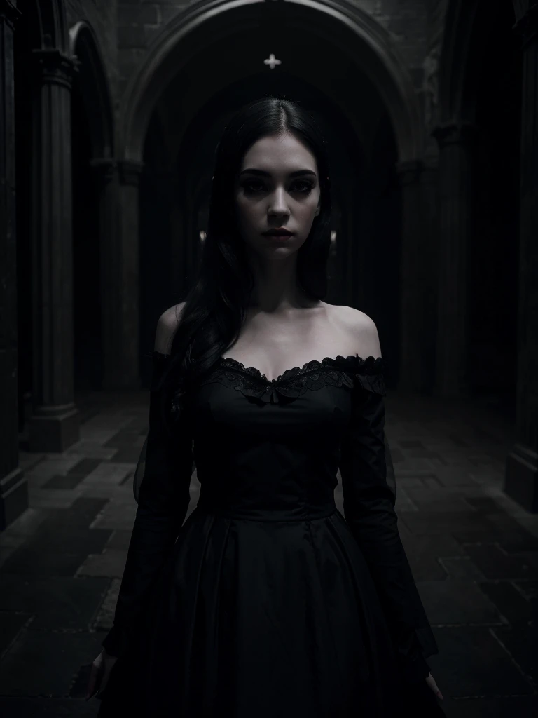 a beautiful gothic woman, sensual dress, dark horror movie background, detailed facial features, long eyelashes, pale skin, dramatic lighting, moody atmosphere, cinematic composition, dark colors, high contrast, digital art, photorealistic, 8k, best quality, hyper detailed