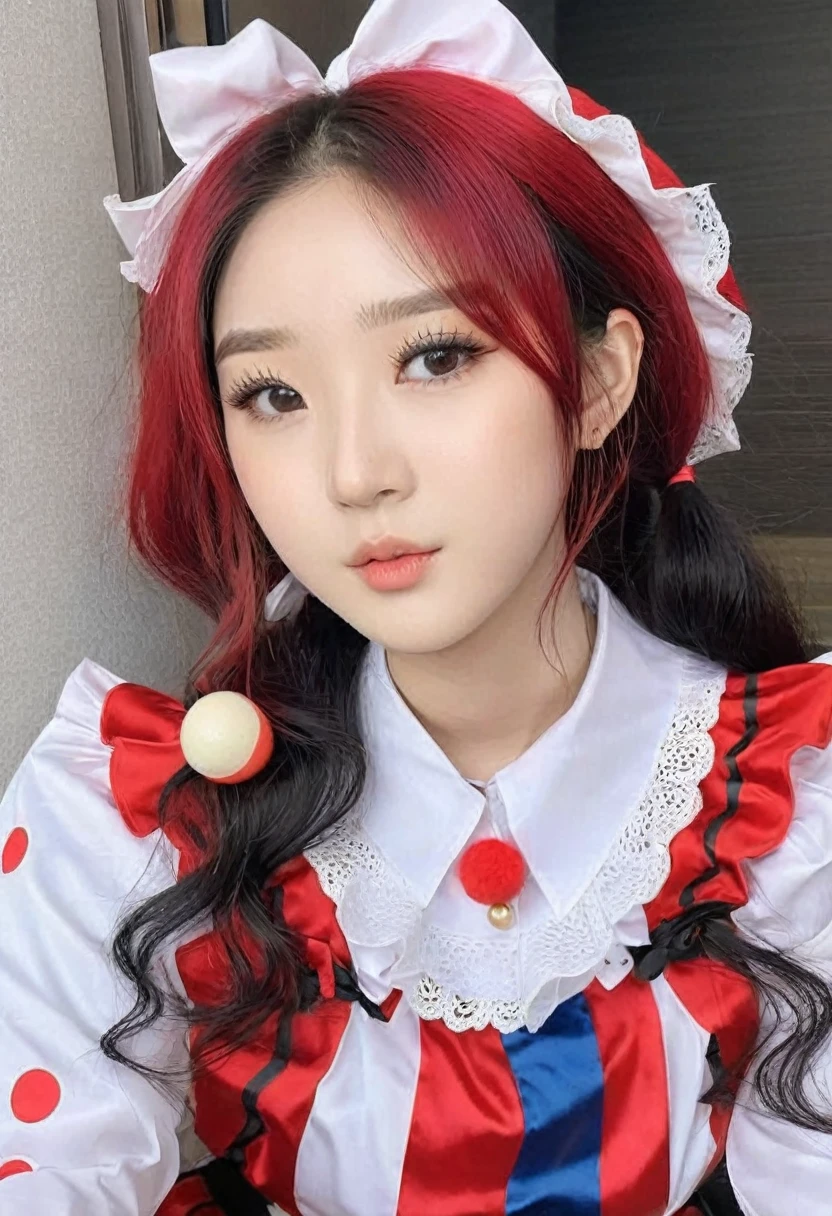 (best high quality:1.5), obra de arte, (8k), extremely detailed, (High details:1.4), Solo, ((18 year old pretty Korean Ulzzang female:1.4)), (cosplay pomni clown), 