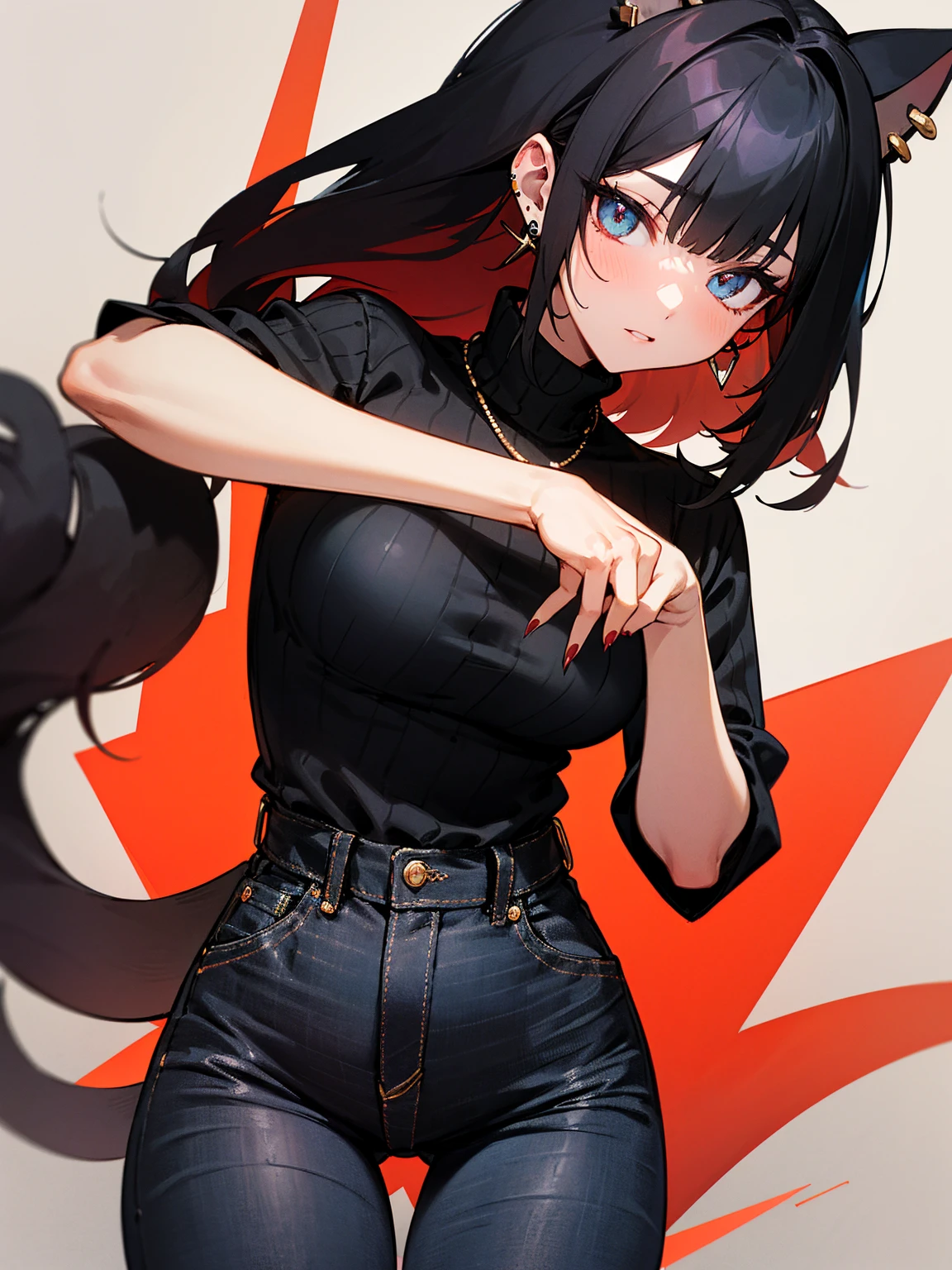 ((Long Straight Black hair)), Perfect face, Choker, Punk earrings, ((Tall)), ((High Quality)), Necklace, ((Mature)), Pretty Eyes, Sharp Nails, Bangs, ((1 Girl)), Hot, ((Multiple Earrings)), Natural Tits, 1 girl, Beautiful, Sexy, Spiky Earrings, Adult, Spiked Collar, Thin Eyelashes, Plain Background, Red Colors in Background, Lewd, Orgasmic, Horny, Dark Colors, Slender Body, Cat Girl, Long Tail, Large Tail, Massive Tail, Black Tail, ((Black Jeans)), ((Black Turtleneck Sweater)), Thick Thighs, Close Up, ((Small Tits)),