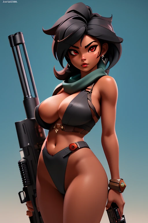 Best quality, masterpiece, ultra high res,photorealistic, raw photo,best quality,global illumination,8k wallpaper,official art, Amazing, finely detail,huge filesize, ultra-detailed,(extremely detailed eyes and face:1.2),(incredibly absurdres)), , uncensored, Kinessa from the paladins game, naked, bhair, dark and tanned skin, Red eyes, with sniper rifle,