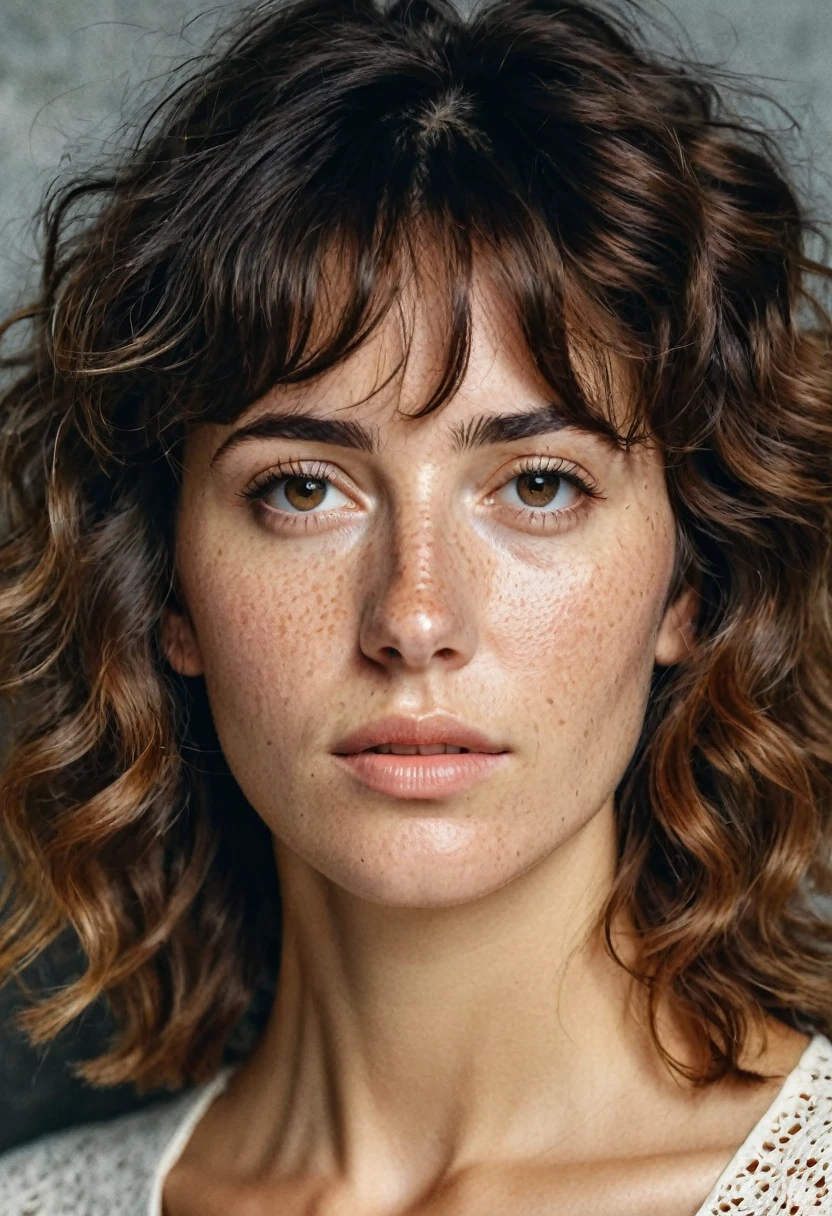 Portrait of Roberta Gemma, italian woman, 30 years old, face highly detailed, natural skin with light freckles, light make-up, Curly Shag with Bangs hair, suspicious expression.