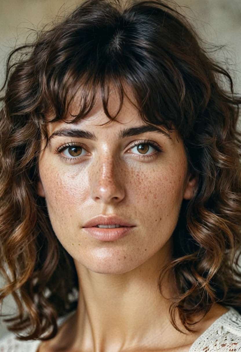 Portrait of Roberta Gemma, italian woman, 30 years old, face highly detailed, natural skin with light freckles, light make-up, Curly Shag with Bangs hair, suspicious expression.