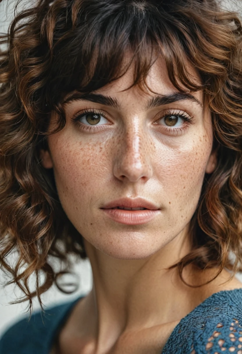 Portrait of Roberta Gemma, italian woman, 30 years old, face highly detailed, natural skin with light freckles, light make-up, Curly Shag with Bangs hair, suspicious expression.