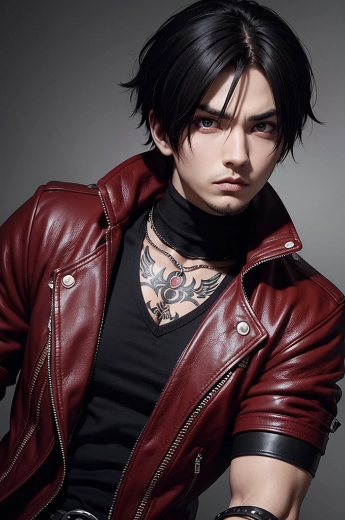 round face, emo/goth man with short hair, with bright red eyes, long goatee and serious and intimidating expression, wearing leather clothing, muscular