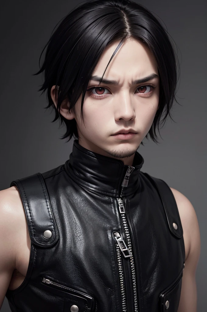 round face, emo/goth man with short hair, with bright red eyes, long goatee and serious and intimidating expression, wearing leather clothing, muscular