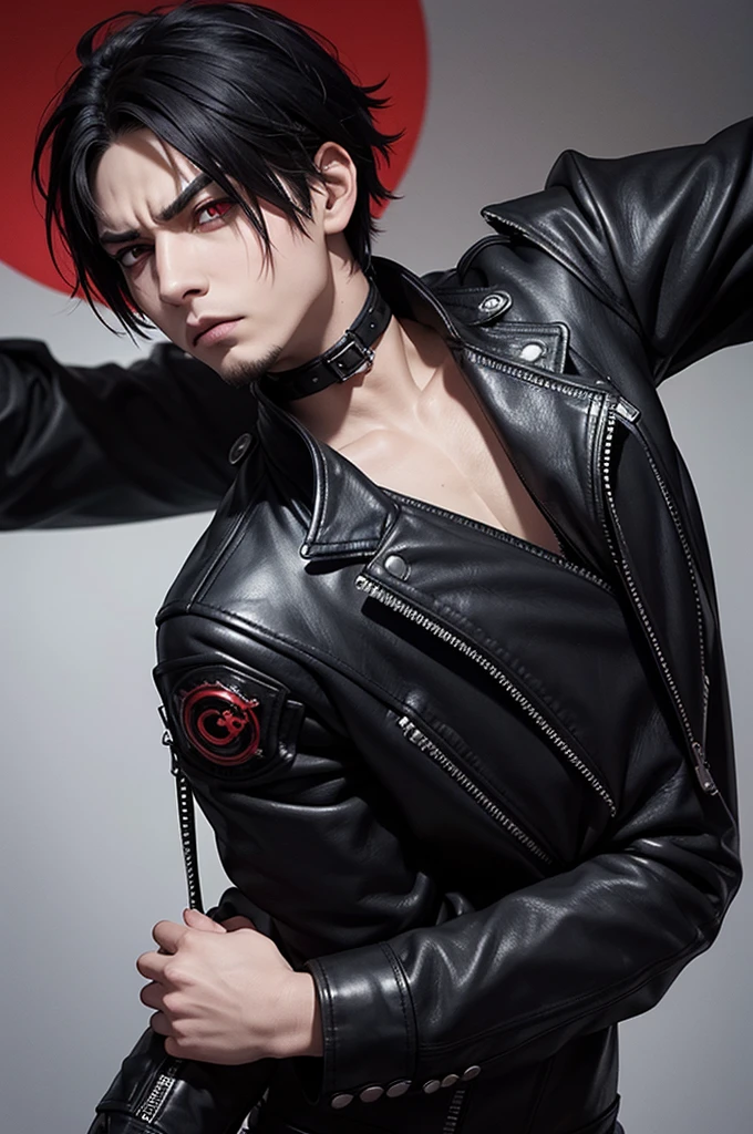 round face, emo/goth man with short hair, with bright red eyes, long goatee and serious and intimidating expression, wearing leather clothing, muscular