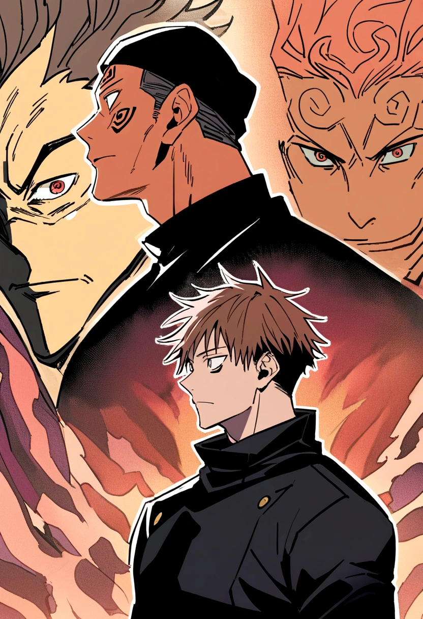 a similar muscular boy from sukuna jujutsu kaisen in black clothes in the center with medium-long brown hair and a black beanie hat in a background expansion of sukuna&#39;s domain from jujutsu kaisen symmetrical anime