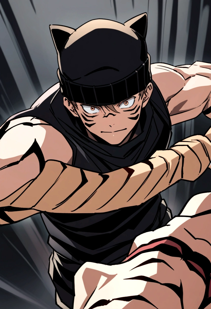 a similar muscular boy from sukuna jujutsu kaisen in black clothes in the center with medium-long brown hair and a black beanie hat in a background expansion of sukuna&#39;s domain from jujutsu kaisen symmetrical anime