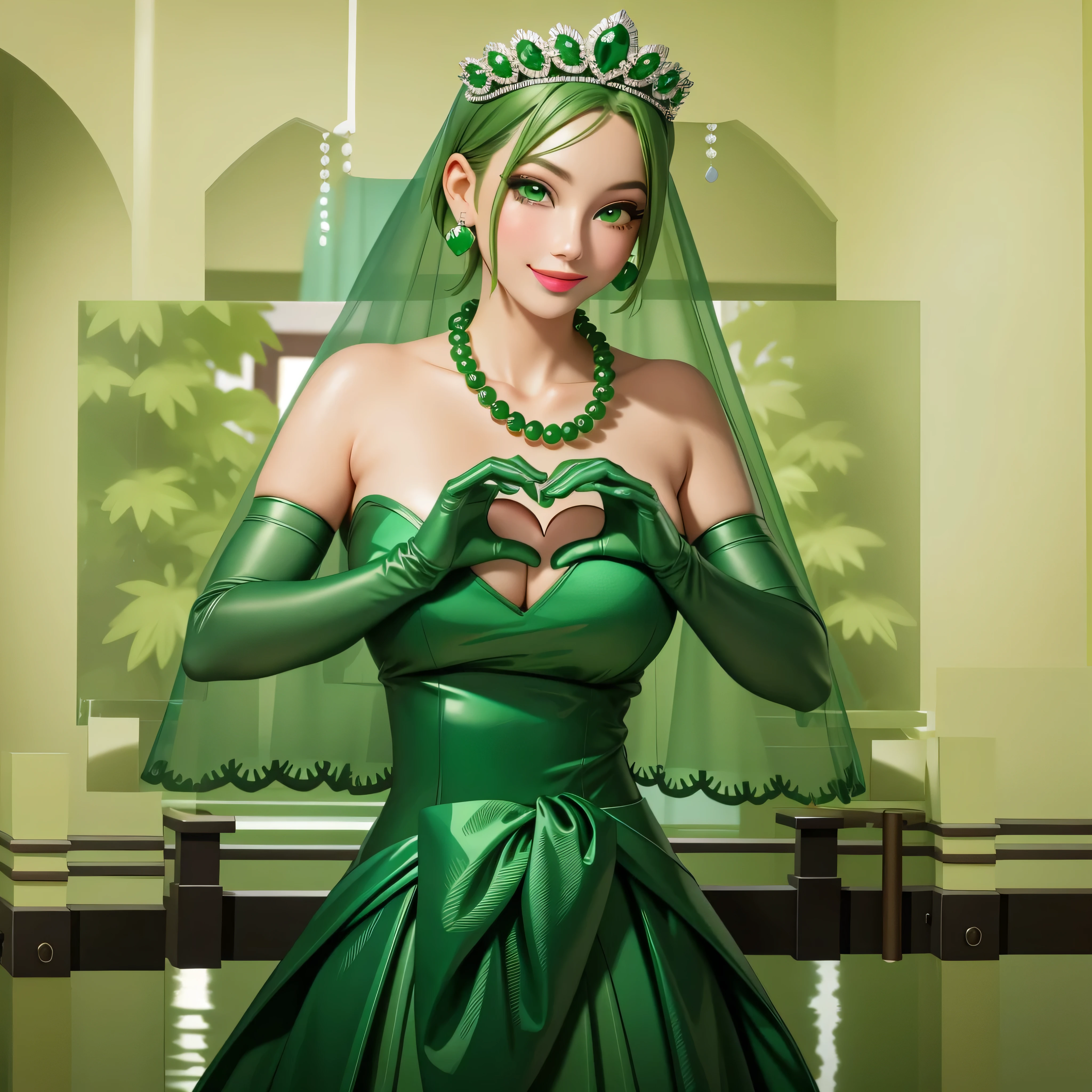 emerald tiara, Green Pearl Necklace, Boyish very short green hair, Green Lips, Smiling Japanese woman, Very short hair, Busty beautiful lady, Green Eyes, Green satin long gloves, Green Eyes, Emerald Earrings, Green veil, Heart with both hands, Green Hair, Beautiful Japanese Woman, Heart shaped hands:1.3, green lip gloss