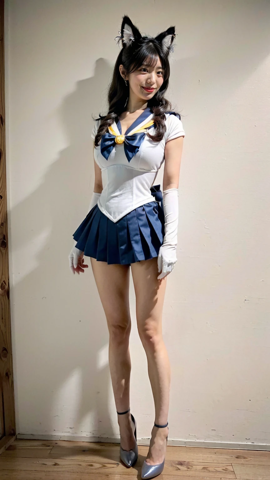 (8K、RAW Photos、Highest quality、masterpiece:1.2)、(Realistic、Realistic)、1 girl、((Sailor Moon Costume:1.5、With pubic hair、Large Breasts、Full body from the front、Standing with hands behind back、、Lots of eyelashes、Glowing eyelids、skeletally correct、smile、This photo will awaken boys to sex