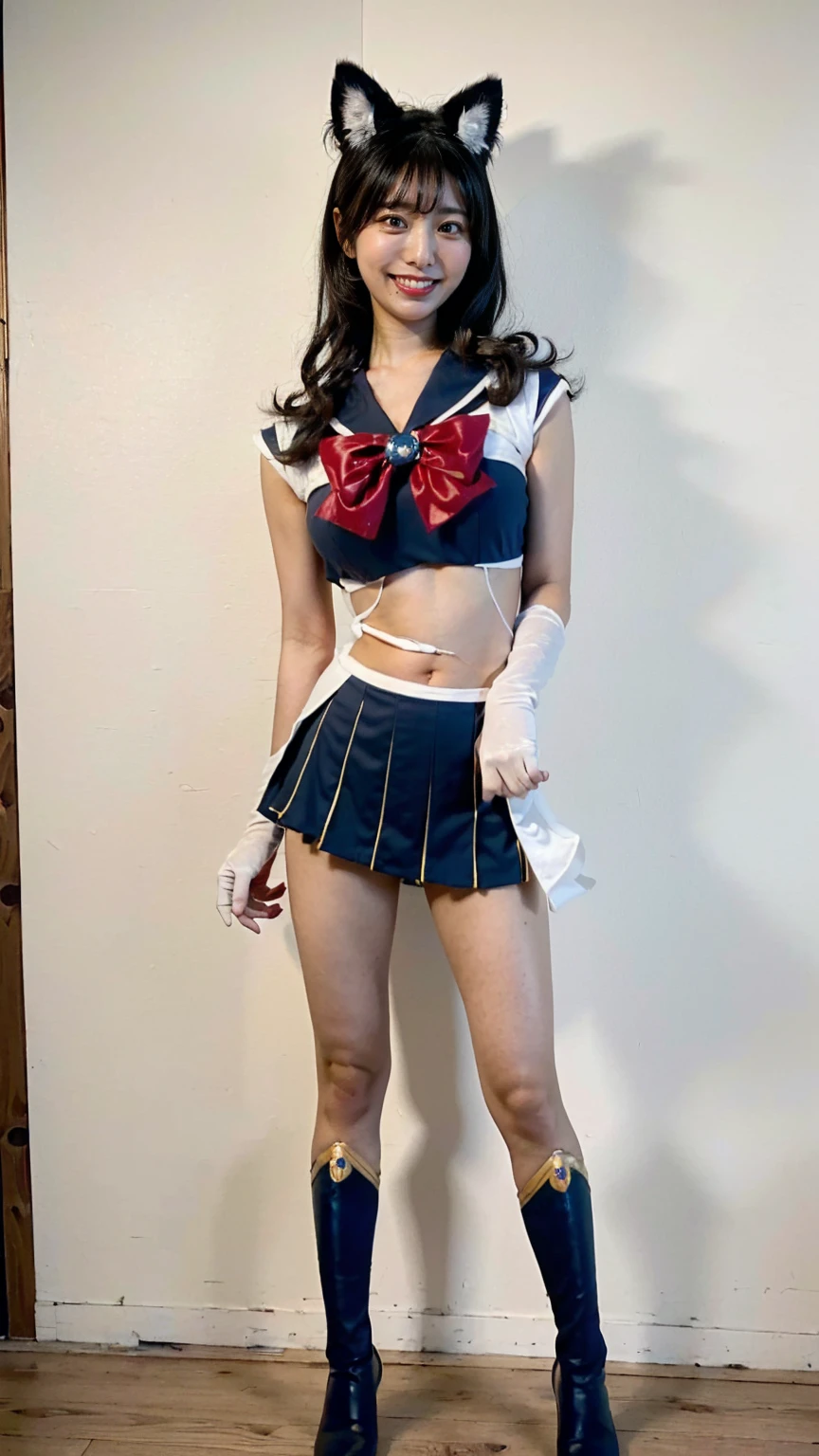 (8K、RAW Photos、Highest quality、masterpiece:1.2)、(Realistic、Realistic)、1 girl、((Sailor Moon Costume:1.5、With pubic hair、Large Breasts、Full body from the front、Standing with hands behind back、、Lots of eyelashes、Glowing eyelids、skeletally correct、smile、This photo will awaken boys to sex