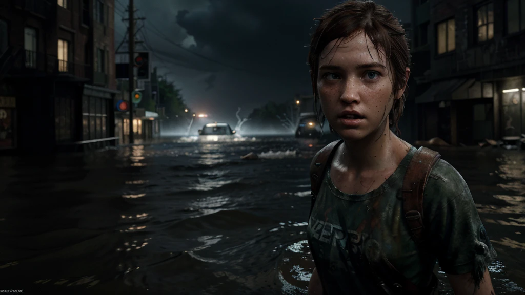 (Ellie the last of us 2), a half-length masterpiece, an 18 year old dark brown American girl with freckles running in the water, blue colored eyes, slim and slim body, very tiny breasts, pale skin, body soaking wet, very highly detailed face, freckles on the face, escaping, afraid, fleeing, dynamic pose, on a flooded Manhattan street at night, the last of us 2 background, apocalyptic atmosphere, The Last Of Us 2 vibes, thunderstorm, lightning, Tuuli, ripples, catastrophic lightning, ultra realistic photograph, ultra HD, 8K, Sharp Photography, wide angle