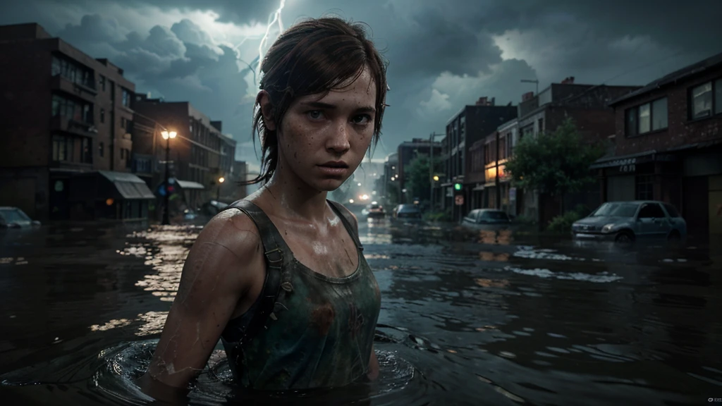 (Ellie the last of us 2), a half-length masterpiece, an 18 year old dark brown American girl with freckles running in the water, blue colored eyes, slim and slim body, very tiny , pale skin, body soaking wet, very highly detailed face, freckles on the face, escaping, afraid, fleeing, dynamic pose, on a flooded Manhattan street at night, the last of us 2 background, apocalyptic atmosphere, The Last Of Us 2 vibes, thunderstorm, lightning, Tuuli, ripples, catastrophic lightning, ultra realistic photograph, ultra HD, 8K, Sharp Photography, wide angle