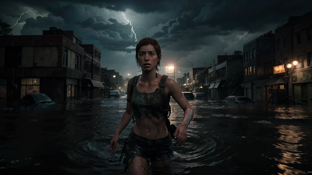 (Ellie the last of us 2), a half-length masterpiece, an 18 year old dark brown American girl with freckles running in the water, blue colored eyes, slim and slim body, very tiny breasts, pale skin, body soaking wet, very highly detailed face, freckles on the face, escaping, afraid, fleeing, dynamic pose, on a flooded Manhattan street at night, the last of us 2 background, apocalyptic atmosphere, The Last Of Us 2 vibes, thunderstorm, lightning, Tuuli, ripples, catastrophic lightning, ultra realistic photograph, ultra HD, 8K, Sharp Photography, wide angle