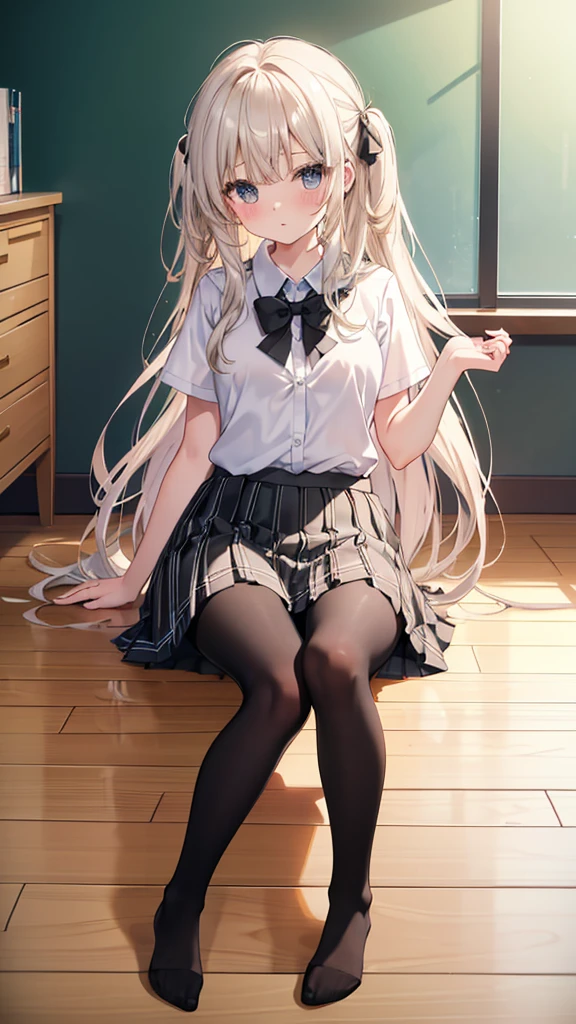 (8K、Best image quality、Highest quality、masterpiece)、One tall girl、((Full body))、Sit on the floor with your legs spread apart、White panties are visible、Long Hair、Wavy Hair、blush、Moderate bust、White collared shirt、Short sleeve、((Plaid pleated mini skirt))、Classroom Background、((black tights))、Black Pantyhose、((No shoes))