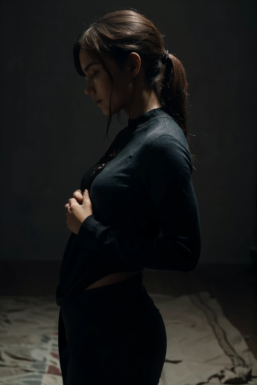 

In the center of the image, a female figure is represented in profile, with his face looking down and an expression of sadness evident in his eyes. His posture is hunched, showing discouragement and a heavy emotional burden. His arms are crossed over his ?????, as if she were hugging herself in a protective gesture.

Around this central figure, there are diffuse shadows of other figures that appear to be advancing or fading, symbolizing the feeling of being easily replaced or not being the priority. These shadows may have less defined outlines to represent uncertainty and lack of clarity in relationships..

In background, A network of intertwined lines or complex knots can be drawn that surround the central figure.. These knots can be intricate and difficult to unravel., representing the overanalysis and excessive self-criticism that leads the protagonist to believe that she is difficult to love.

Image background could be dark and oppressive, with muted gray or blue tones, to convey a feeling of sadness and hopelessness. Lighting could be dim, focused on the central figure to highlight his emotional state.

This visual composition seeks to capture the complexity of the feelings of not feeling loved., feel easily replaced, and the self-perception of being difficult to love.