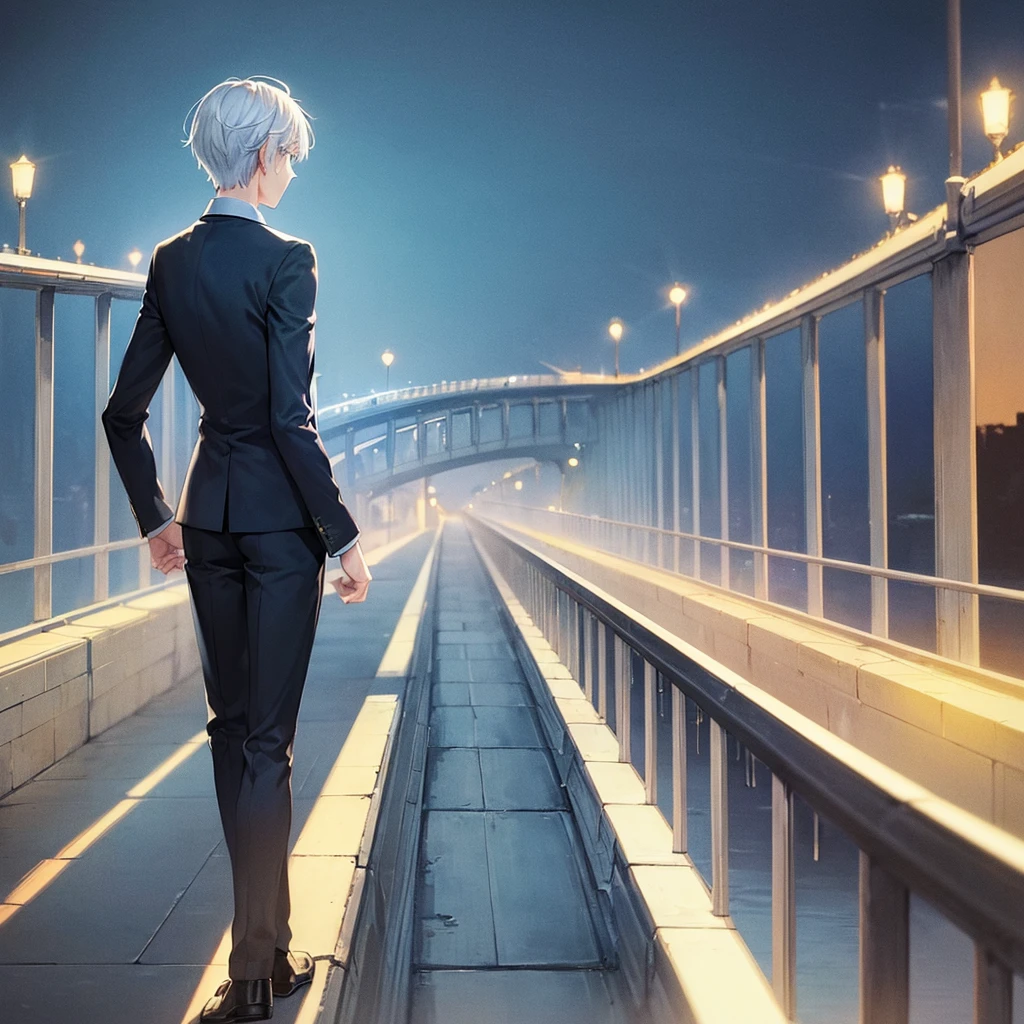 Man, back turned, alone, white hair, blue eyes, short hair, wearing a black suit, night view of the bridge.