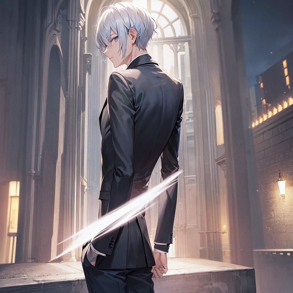 Man, back turned, alone, white hair, blue eyes, short hair, wearing a black suit, night view of the bridge.