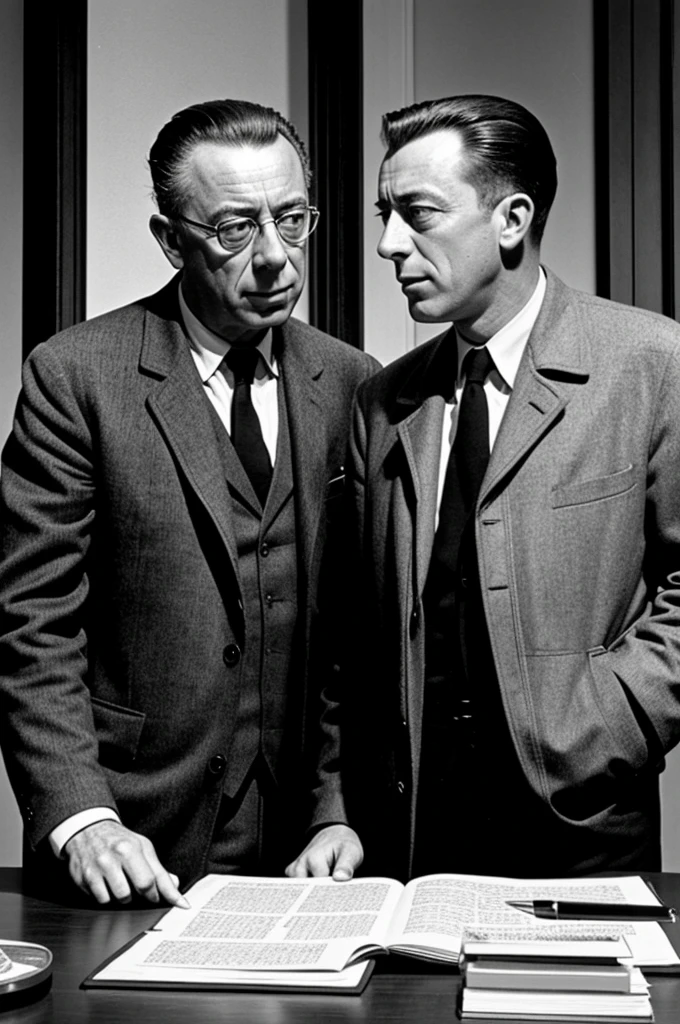 make me a ten page comic of albert camus and sartre talking about death