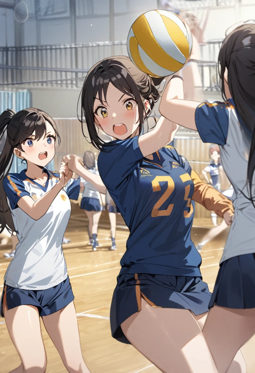 Three girls playing volleyball, answering the ball, They are at their school